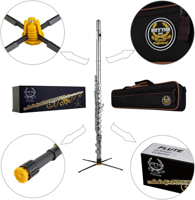 Rhythm C Flutes with Engraved Flower Closed Hole 16 Keys Flute For Student, Beginner with Stand, Carrying Case,Gloves,Joint Grease, Tuning Rod, Nickel - Image 2